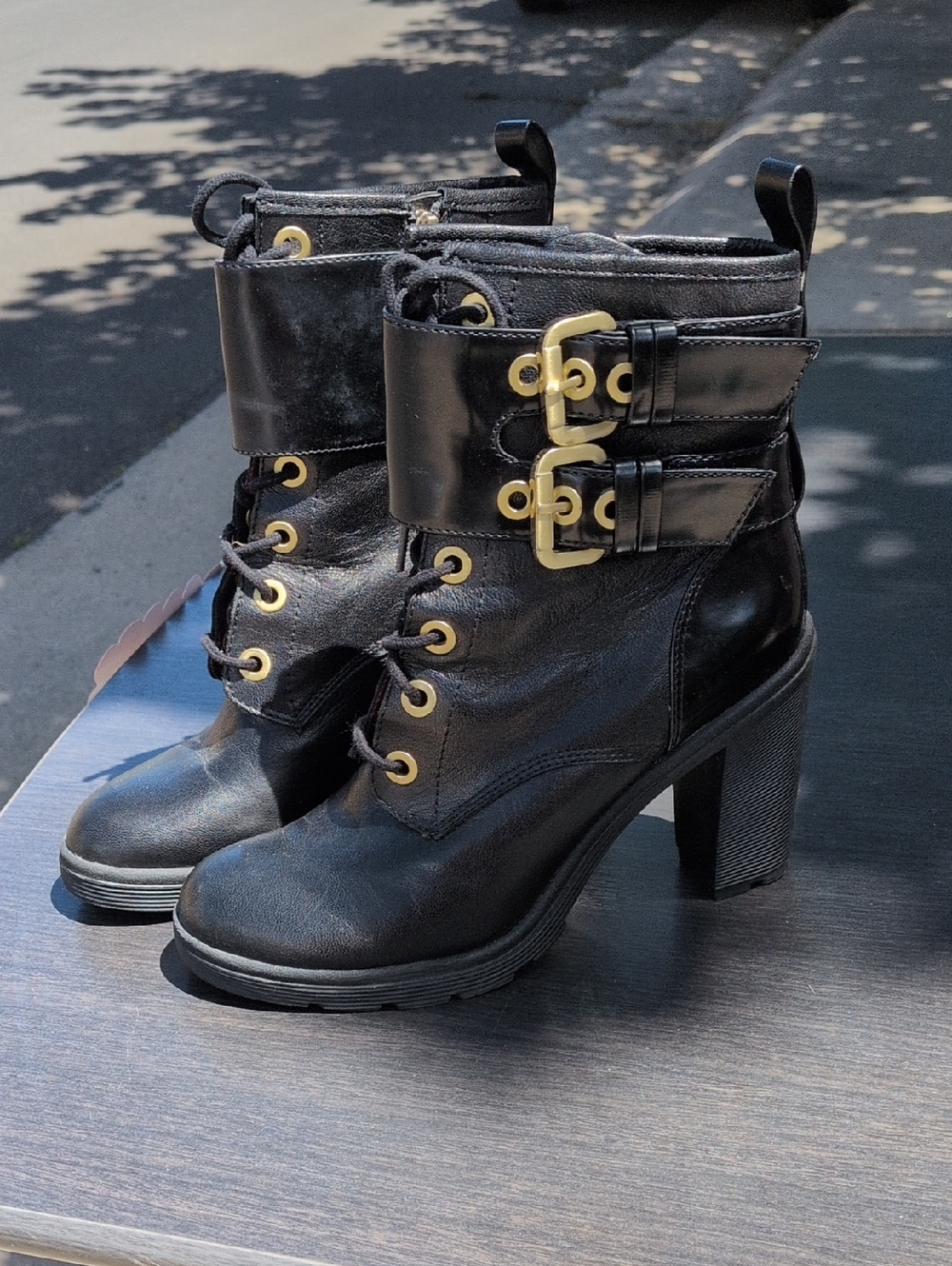 Guess Black Heeled Lace-Up Combat Boots with Gold Buckle Detail